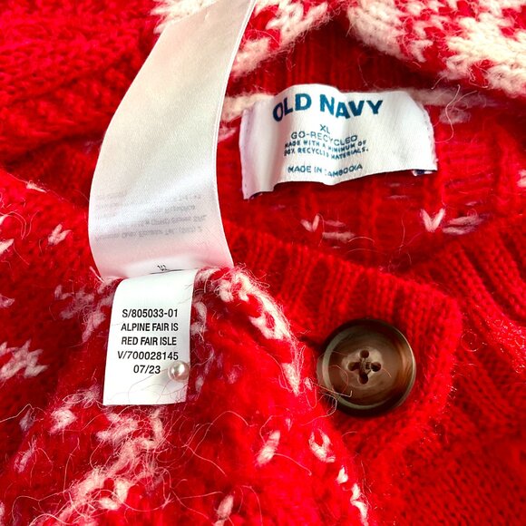 Old Navy Sweater Cardigan Holiday Red White Reindeer Fair Isle 2023 (XL) - Picture 7 of 8